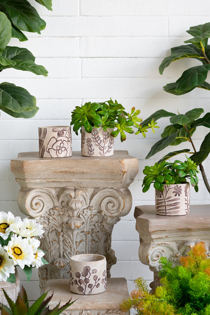 Set of 4 4.3x4.3x4" Gray Sand and Cement Planters with Brown Botanical Motifs - image 13
