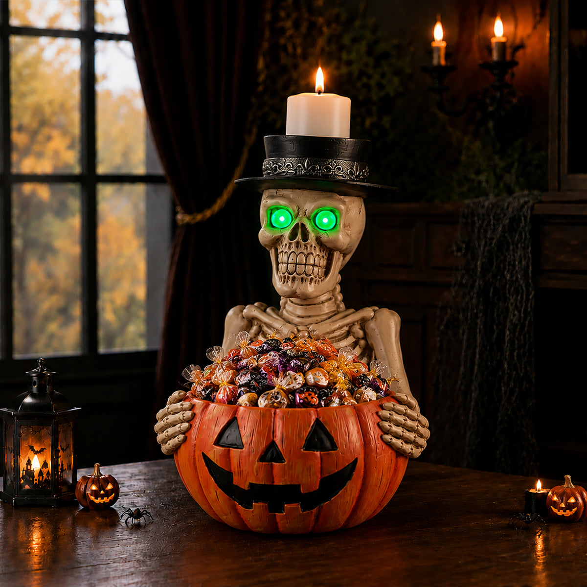 Halloween Skeleton Figurine with Pumpkin Candy Bowl & Candle Holder, Spooky Table Decor for Halloween - image 2