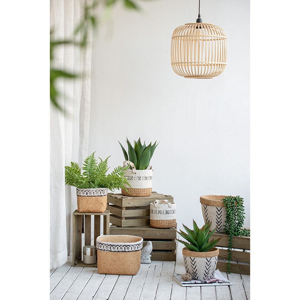 Set of 2 White and Brown Cement Planters with V Pattern, L:D10x8"  S:D8x6.5" - image 9