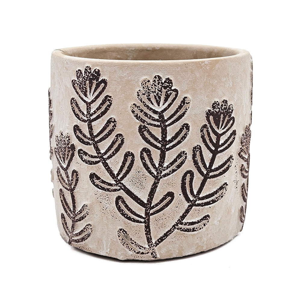 Set of 4 4.3x4.3x4" Gray Sand and Cement Planters with Brown Botanical Motifs - image 5