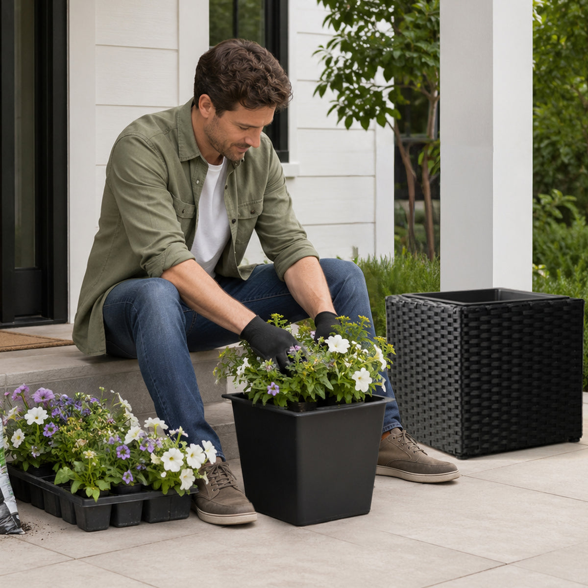 SOLHOME 11" Black Cubic Planter Box, Resin Wicker Plant Pot with Insert – Indoor Outdoor Decorative Square Planter for Patio, Porch, or Entryway - image 9