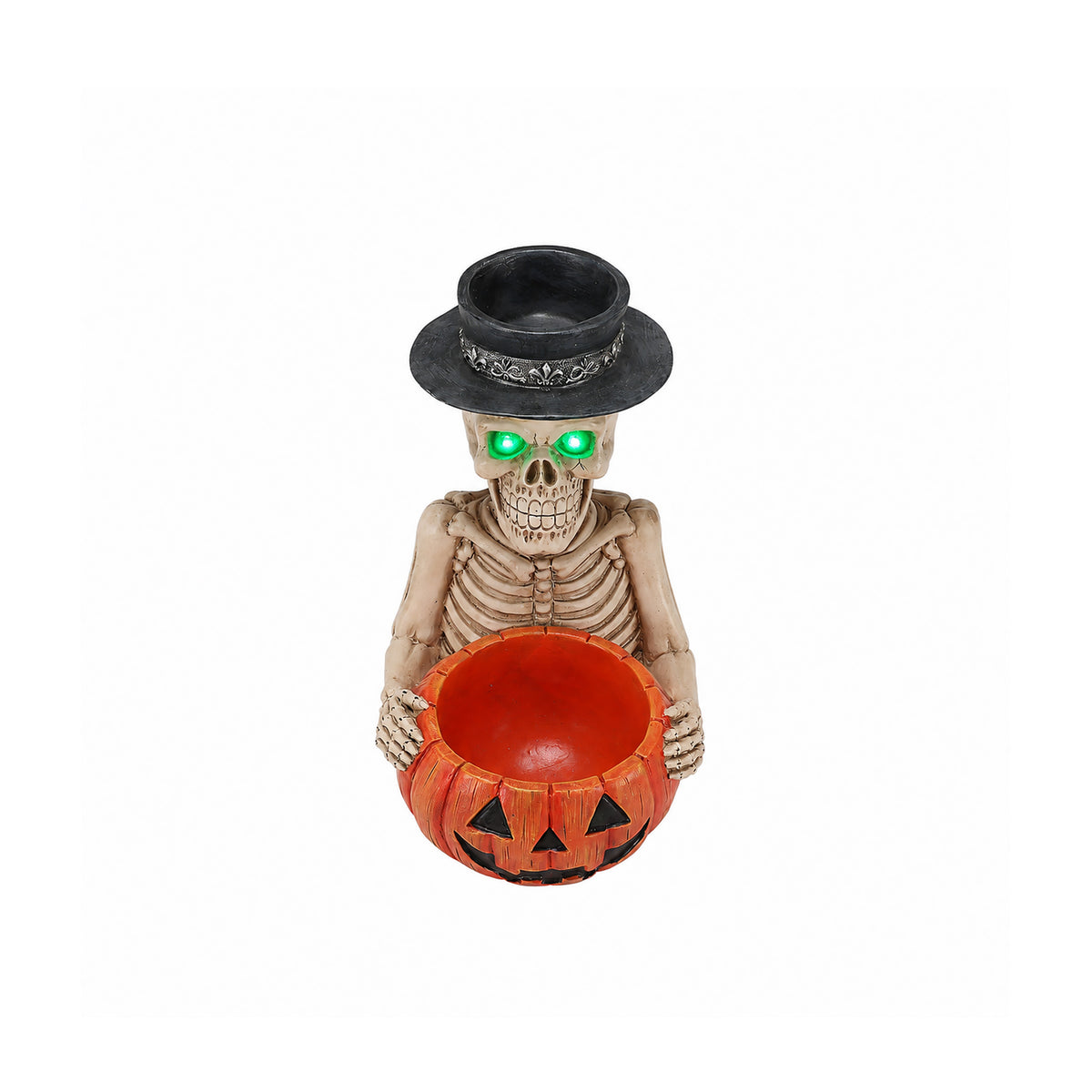 Halloween Skeleton Figurine with Pumpkin Candy Bowl & Candle Holder, Spooky Table Decor for Halloween - image 8