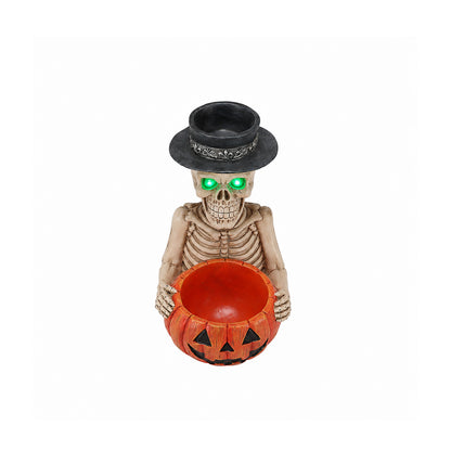 Halloween Skeleton Figurine with Pumpkin Candy Bowl & Candle Holder, Spooky Table Decor for Halloween - image 8