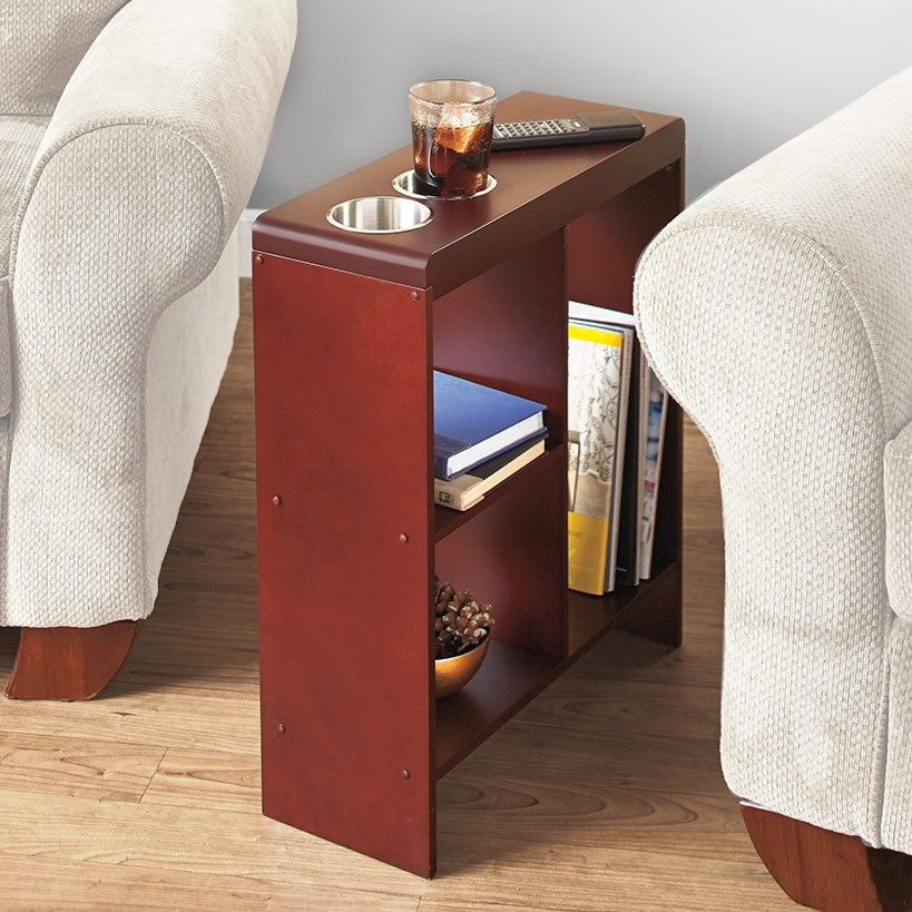 Side End Table with Drink Holders, Storage Shelves, Magazine Holder