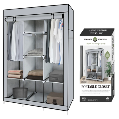Portable Free Standing Closet With 8 Storage Shelves, 2 Hanging Rod & 4 Pockets