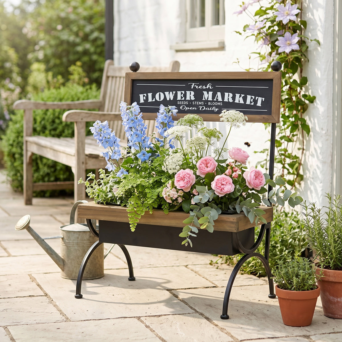 19x11x24" Rustic Brown Wooden Planter Stand with Black Iron Frame