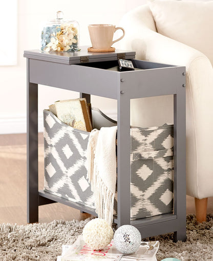 Narrow Wood Side Table with Flip-Top and Fabric Storage Bin