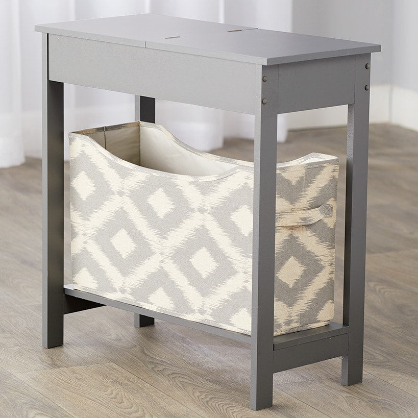 Narrow Wood Side Table with Flip-Top and Fabric Storage Bin#select-color_gray