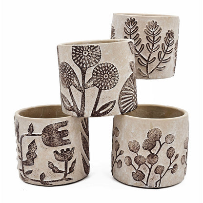 Set of 4 4.3x4.3x4" Gray Sand and Cement Planters with Brown Botanical Motifs - image 3