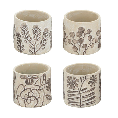 Set of 4 4.3x4.3x4" Gray Sand and Cement Planters with Brown Botanical Motifs - image 2