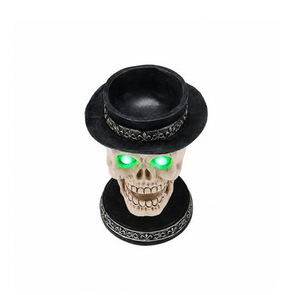 Halloween Skull Candle Holder with Glowing Green Eyes, Gothic Open Mouth Skeleton Head Statue with Black Top Hat, Spooky Tabletop Decor for Home Party - image 7