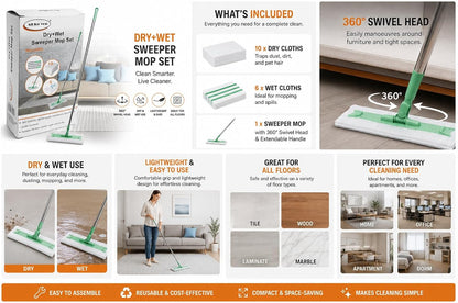 2 in 1 Dry & Wet Sweeper Mop Set With Handle – Reusable Floor Cleaning System for Hardwood, Tile & Laminate