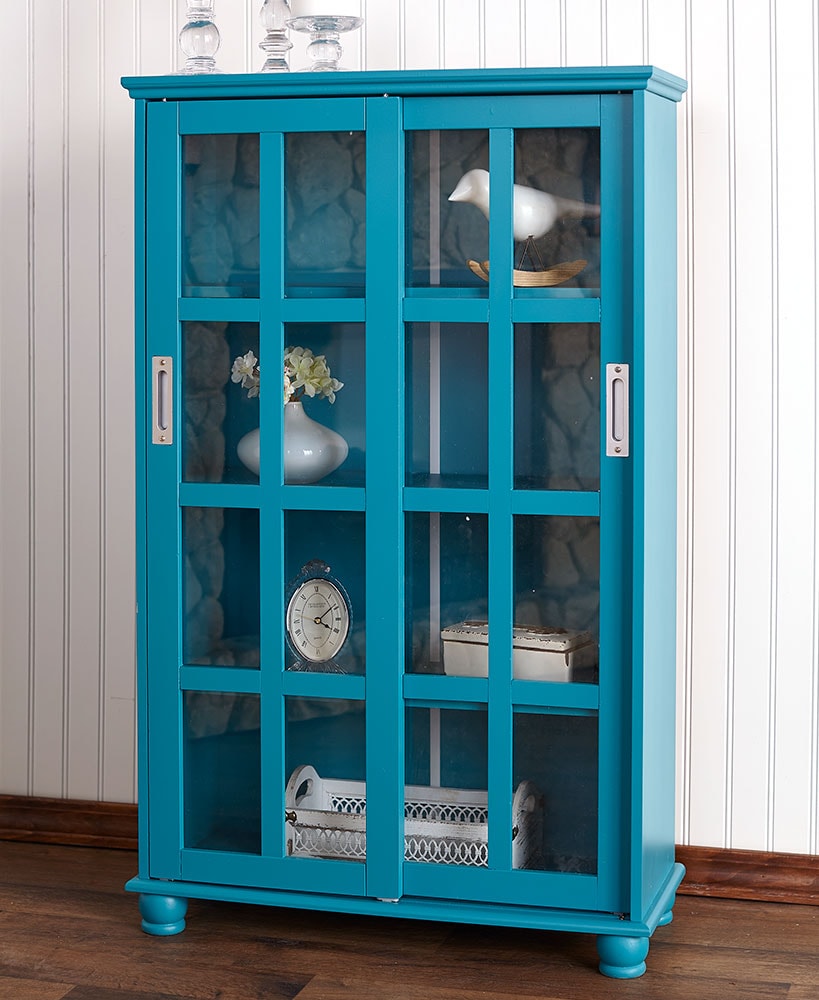 Wood Storage Cabinet with Sliding Glass Doors - 4 Shelves