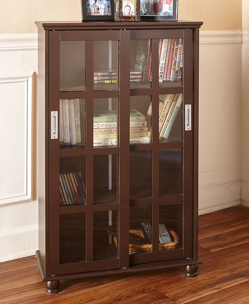 Wood Storage Cabinet with Sliding Glass Doors - 4 Shelves