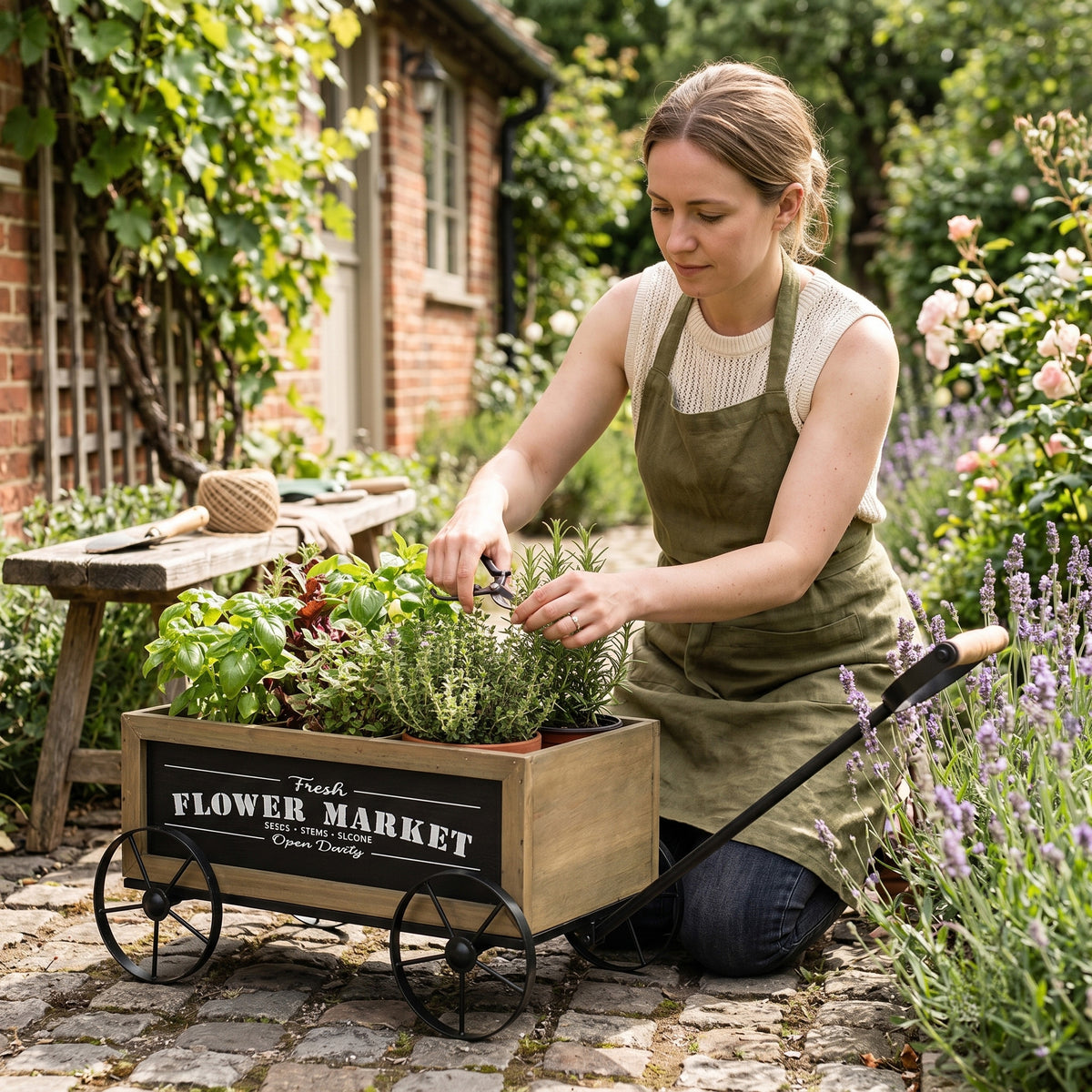 16.5x9.5x8" Rustic Wooden Wagon Planter with Black Iron Wheels and Handle - image 6