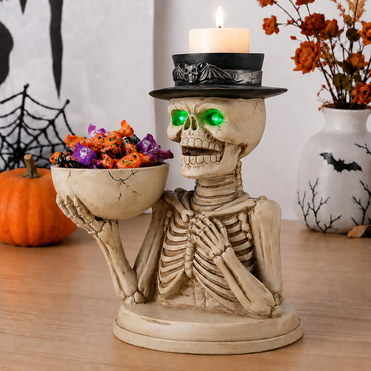 Halloween Skeleton Figurine with Storage Bowl & Candle Holder, Spooky Halloween Decor for Indoor Home - image 11
