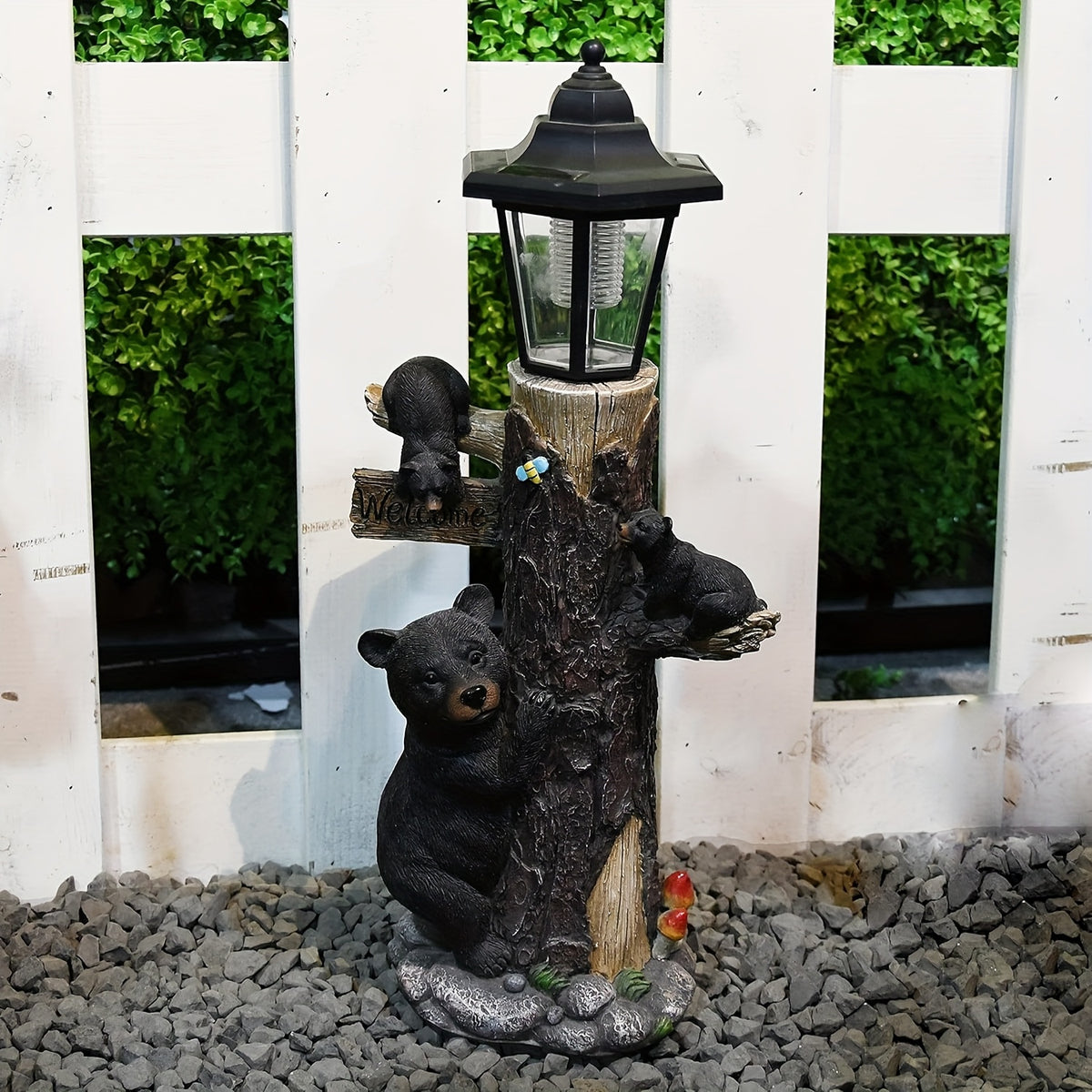 Black bear statue welcome sign garden statue with solar light, 19-inch resin bear family on tree, outdoor bear decoration for courtyard, garden, lawn, yard, perfect gift for Thanksgiving, Christmas, M - image 17