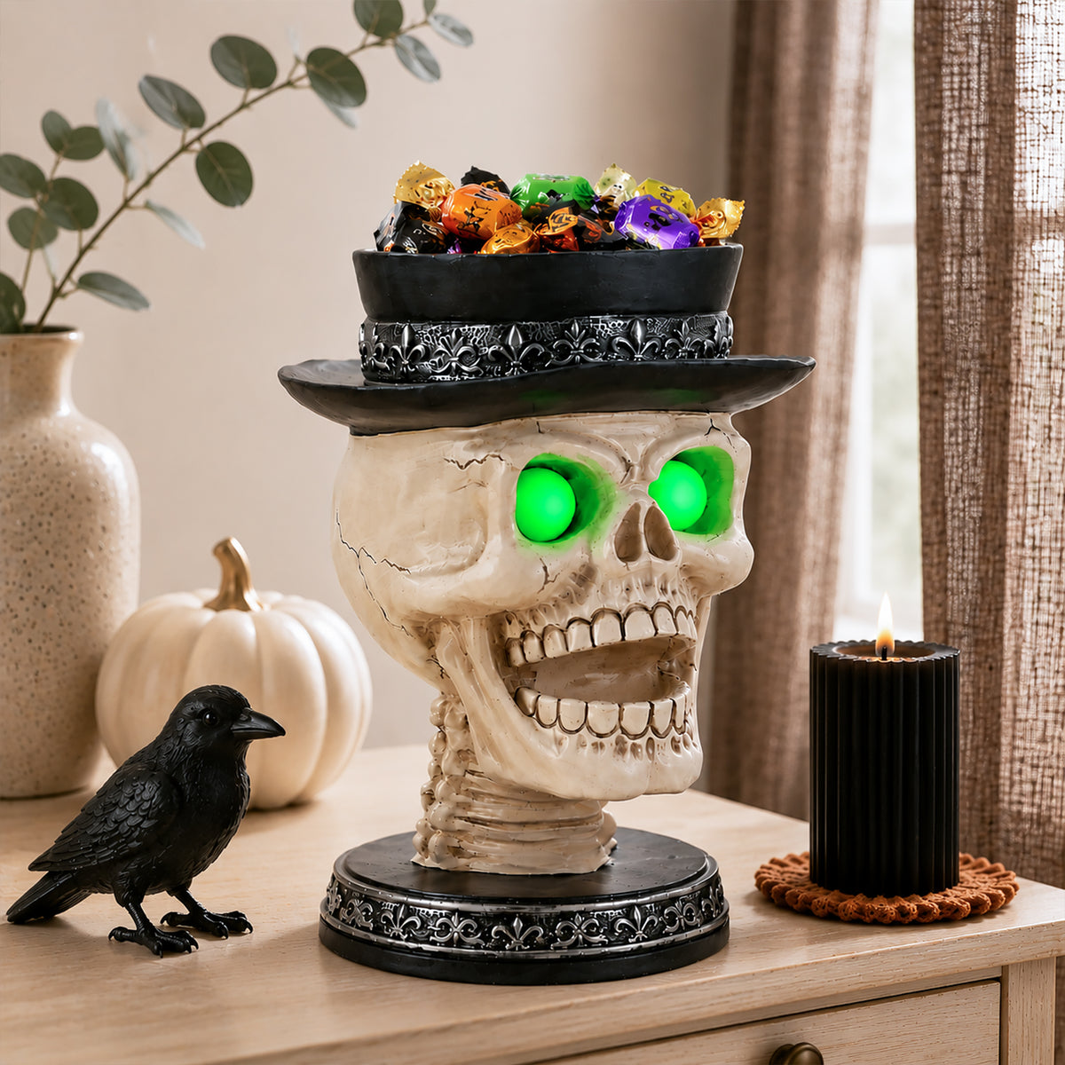 Halloween Skull Candle Holder with Glowing Green Eyes, Gothic Open Mouth Skeleton Head Statue with Black Top Hat, Spooky Tabletop Decor for Home Party - image 15