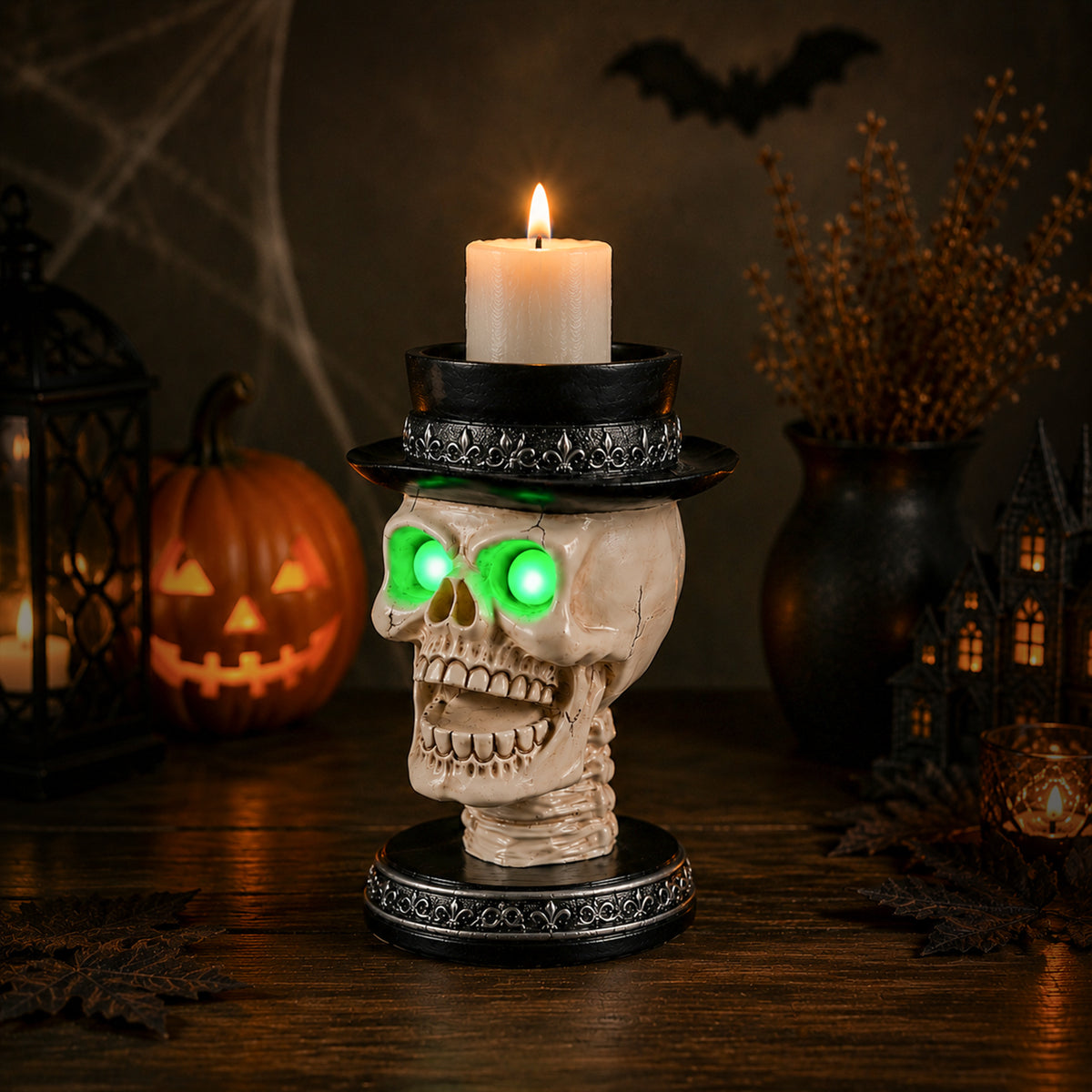 Halloween Skull Candle Holder with Glowing Green Eyes, Gothic Open Mouth Skeleton Head Statue with Black Top Hat, Spooky Tabletop Decor for Home Party - image 2