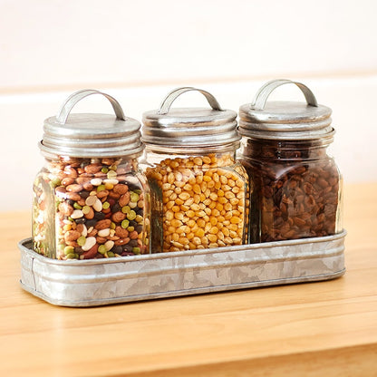 Set of 3 Glass Canisters in Galvanized Tray