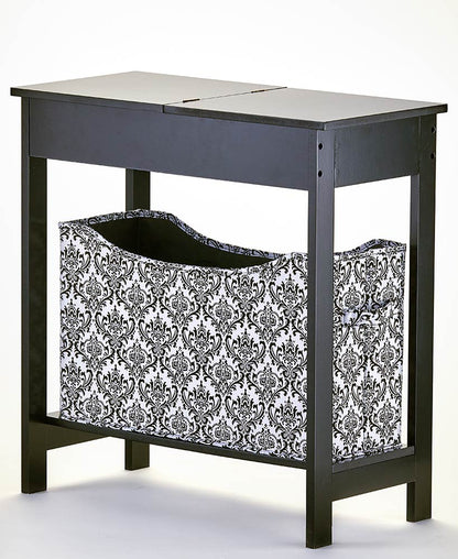 Narrow Wood Side Table with Flip-Top and Fabric Storage Bin