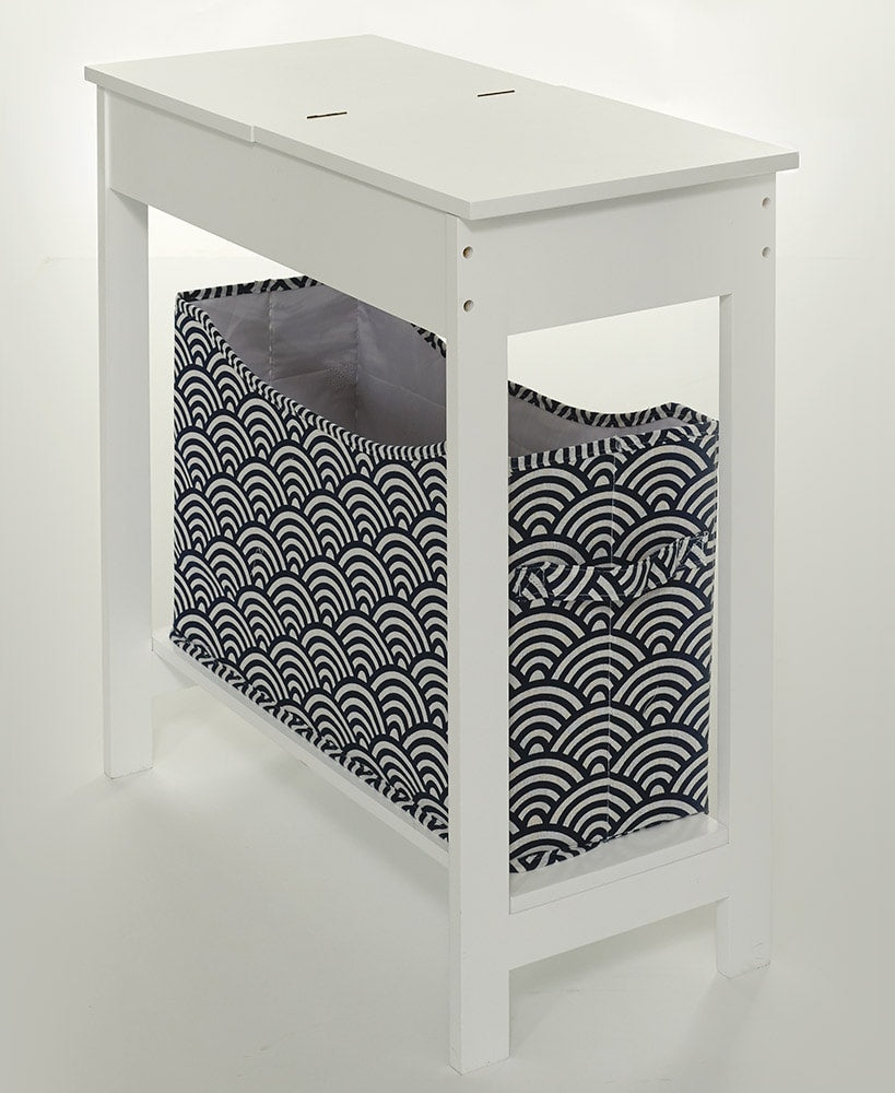 Narrow Wood Side Table with Flip-Top and Fabric Storage Bin