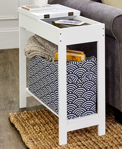 Narrow Wood Side Table with Flip-Top and Fabric Storage Bin
