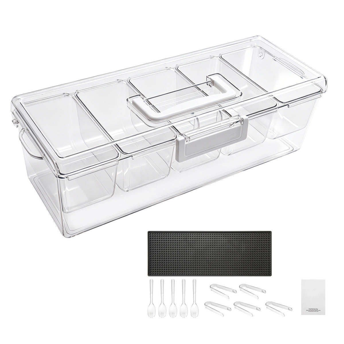 Chilled Condiment Server Caddy, 5 Compartment Ice Cooled Serving Container, Plastic Fruit Garnish Tray Platter with Lid, for Taco Salad Bar Accessories, Party Home Restaurant Supplies