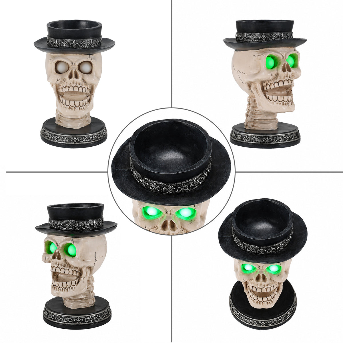Halloween Skull Candle Holder with Glowing Green Eyes, Gothic Open Mouth Skeleton Head Statue with Black Top Hat, Spooky Tabletop Decor for Home Party - image 9