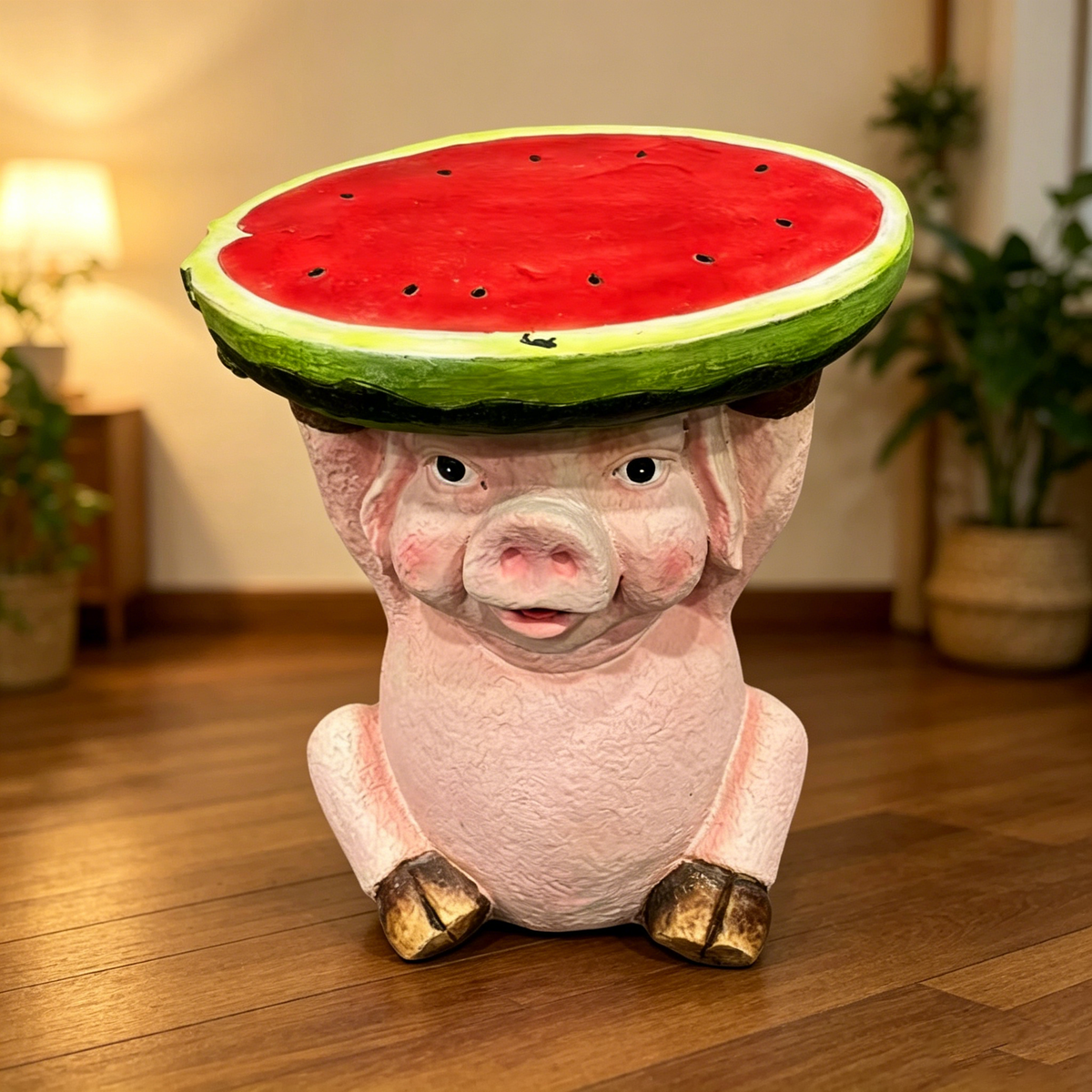 13.39" High Cute Pig Side Table, 11.34" Wide Pig with Watermelon Top, Multi-Functional Plant Stand & End Table for Home & Garden Decoration - image 5