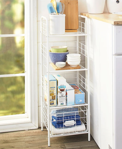 Metal Utility Storage Rack - 4 Shelves and 3 Sliding Drawers
