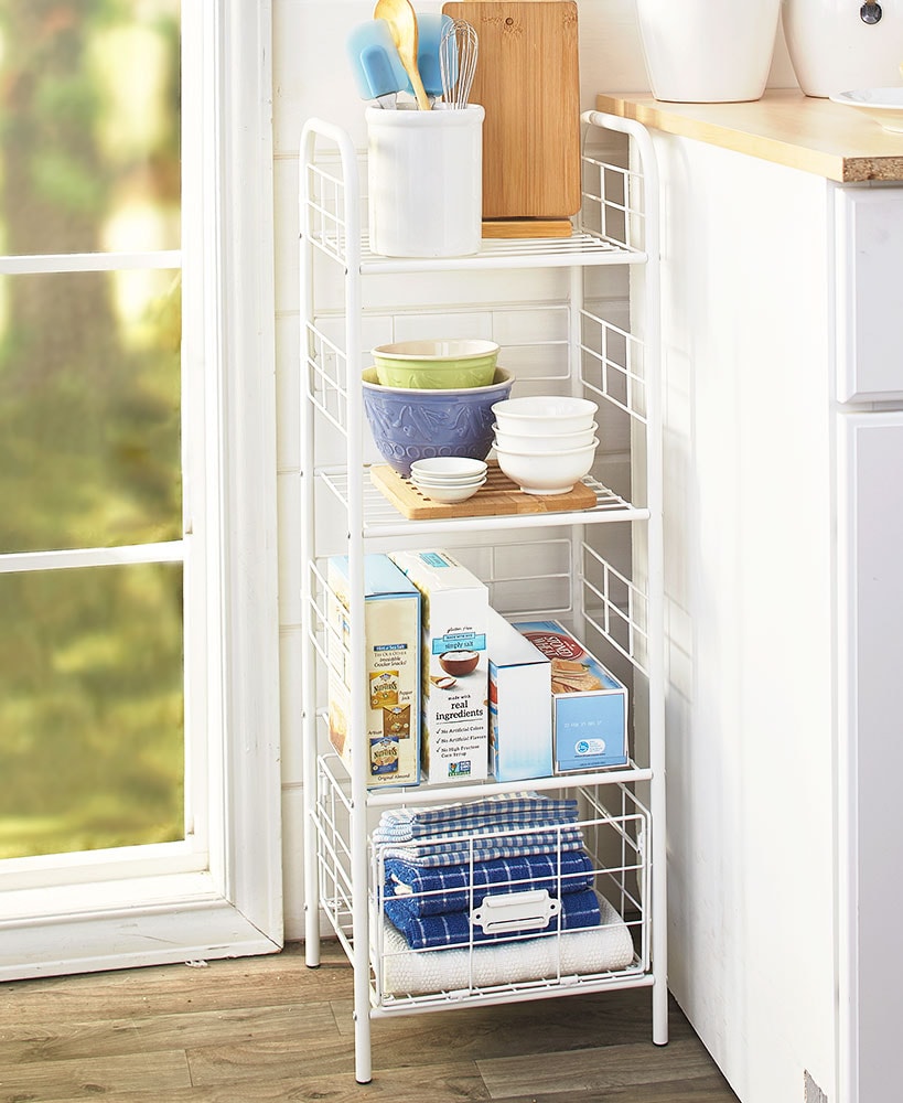 Metal Utility Storage Rack - 4 Shelves and 3 Sliding Drawers