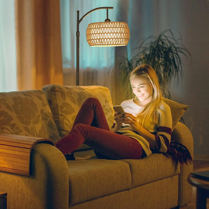Arc Floor Lamp with Remote Control, Dimmable LED Floor Lamp with 3 Color Temperature, Black Standing Lamp with Rattan & Fabric Double Drum Shade, Boho Farmhouse Tall Pole Lamp for Living Room Bedroom - image 5