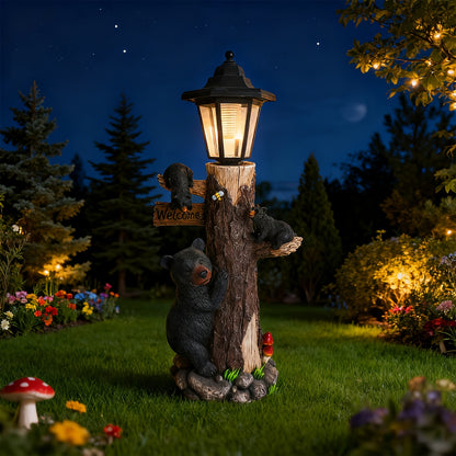 Black bear statue welcome sign garden statue with solar light, 19-inch resin bear family on tree, outdoor bear decoration for courtyard, garden, lawn, yard, perfect gift for Thanksgiving, Christmas, M - image 7