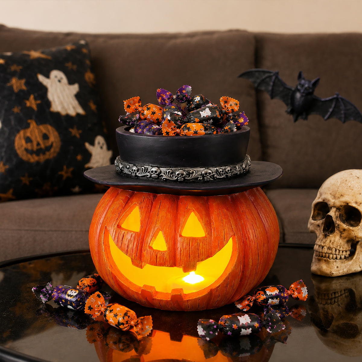 Halloween Pumpkin Candy Bowl with Witch Hat, Light Up Jack O Lantern Decoration, Spooky Tabletop Storage Container for Home Party Decor - image 14