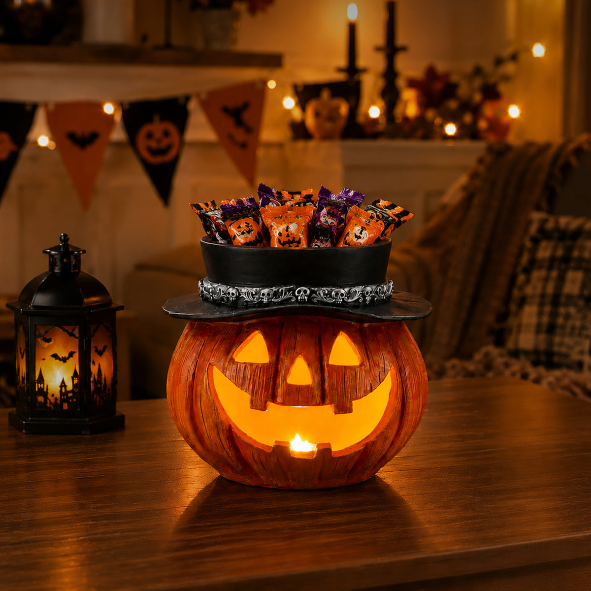 Halloween Pumpkin Candy Bowl with Witch Hat, Light Up Jack O Lantern Decoration, Spooky Tabletop Storage Container for Home Party Decor - image 18
