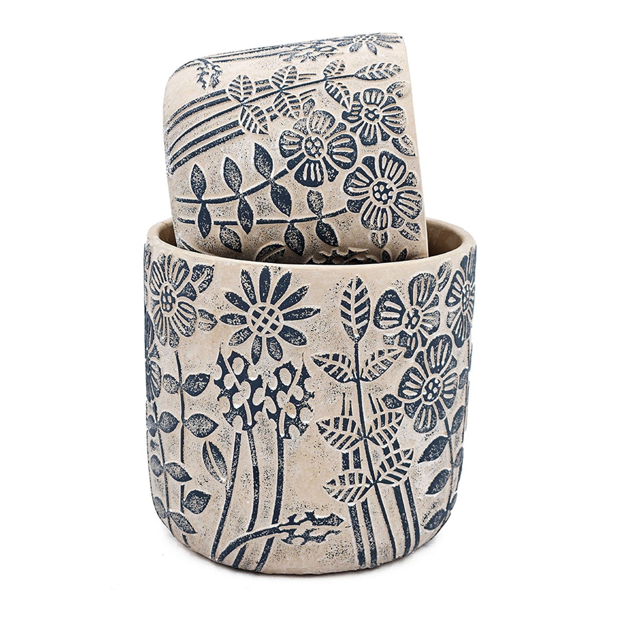 S/2 Gray Sand and Cement Planters with Blue Floral Motif, L:D7x6.7" S:D5.5x5" - image 4