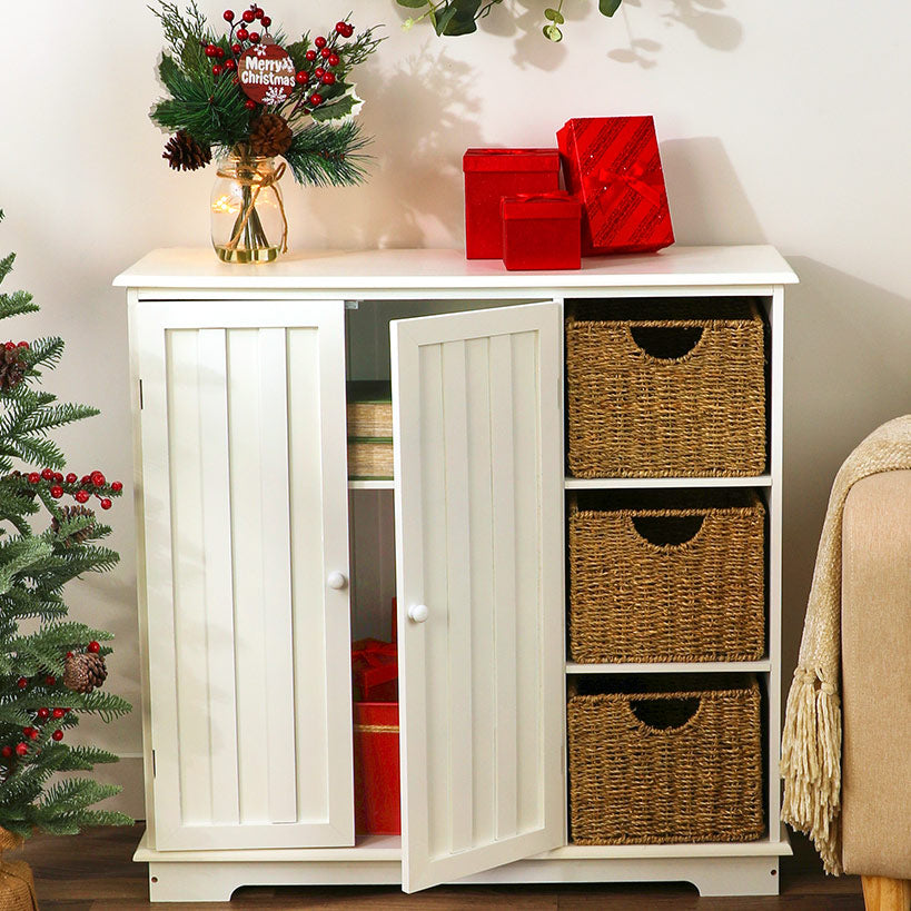 Beadboard Wooden Cabinet with 3 Storage Shelves and Cupboard