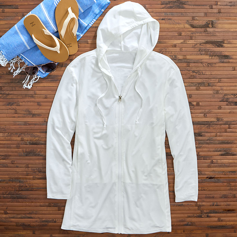 Women's Hooded Long Sleeve Beach Cover Up with Zip Front