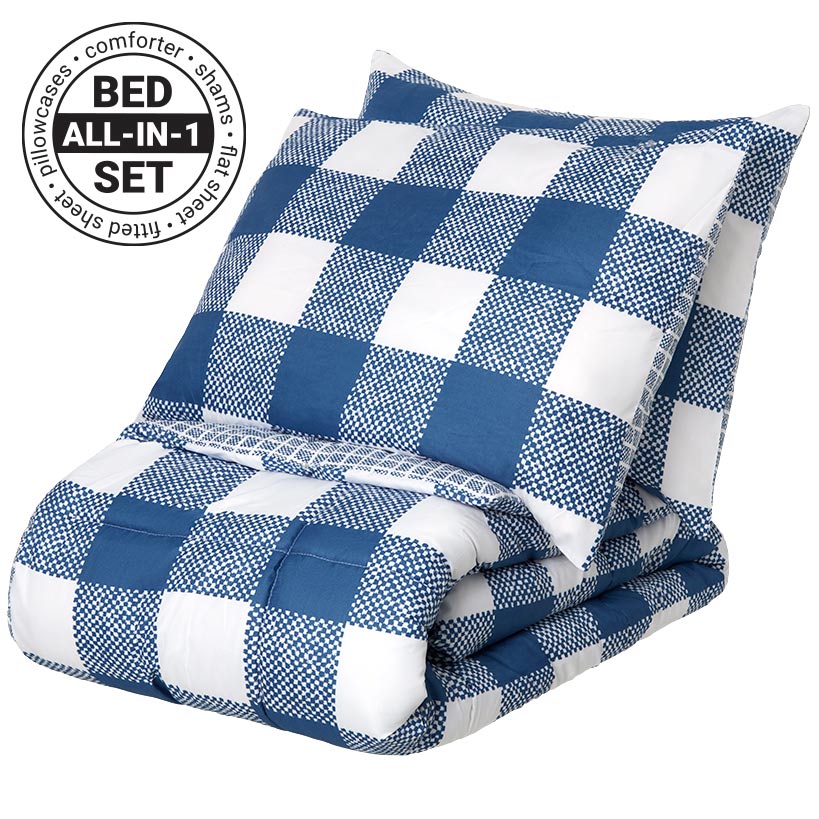 Blue Plaid Reversible Queen or King Complete Comforter Set