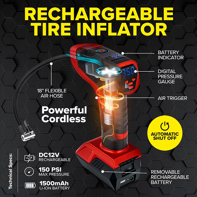 Bullseye™ Pro Rechargeable Tire Inflator - Fast, Portable, and Efficient