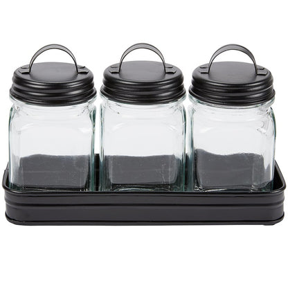 Set of 3 Glass Canisters in Galvanized Tray