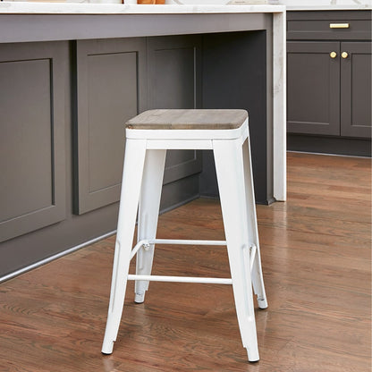 Backless Metal Barstool with Wood Square Seat - 24"H or 30"H
