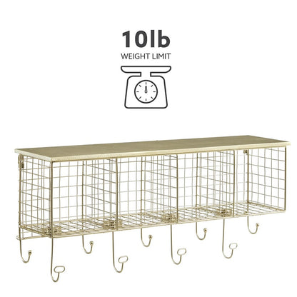 Four Cubby Wall Shelf with Hooks