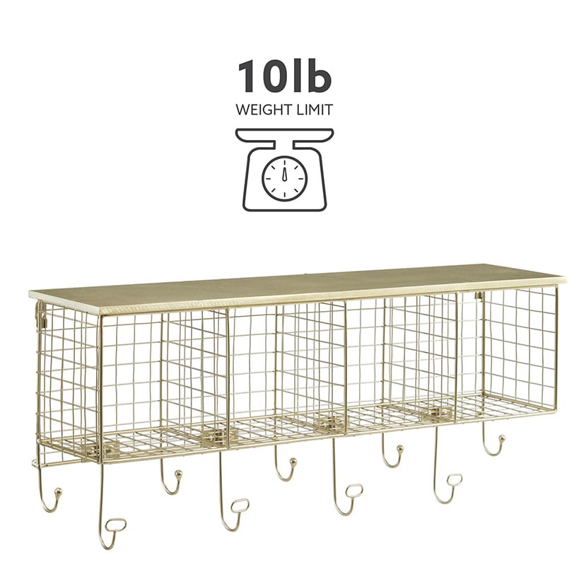 Four Cubby Wall Shelf with Hooks#select-color_gold