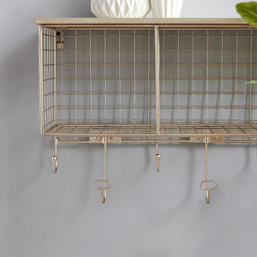 Four Cubby Wall Shelf with Hooks#select-color_gold