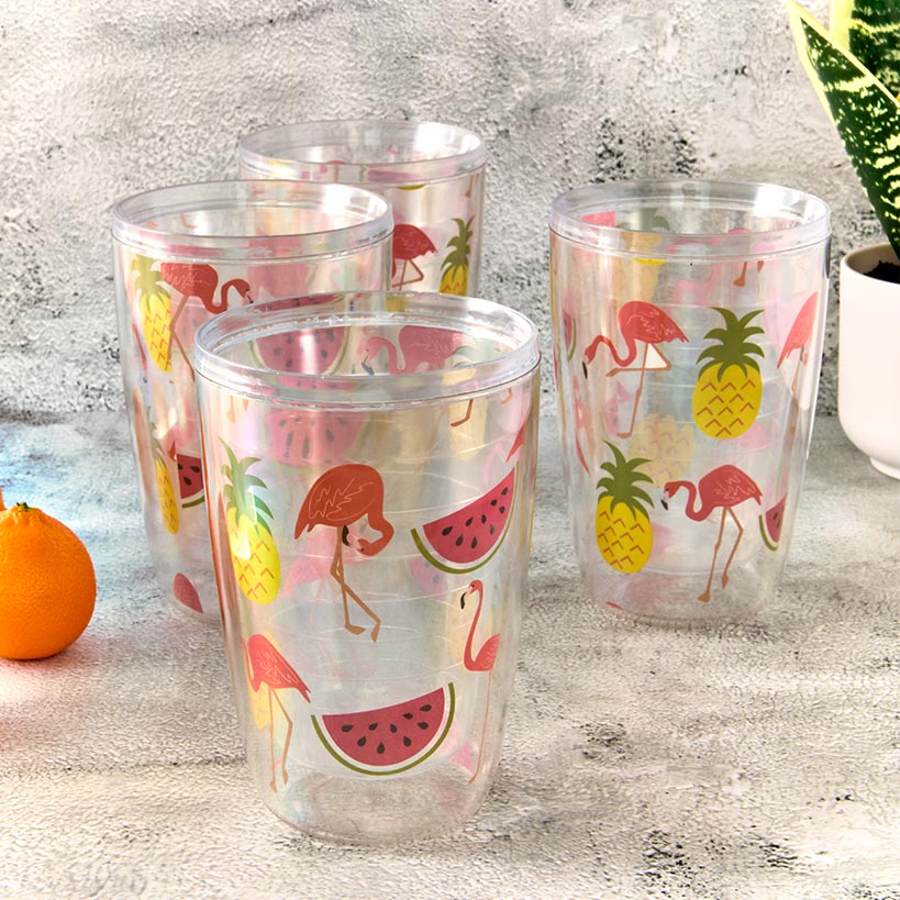 Plastic 16oz Insulated Tumbler Set of 4 Flamingo or Flipflops#select-set_flamingos