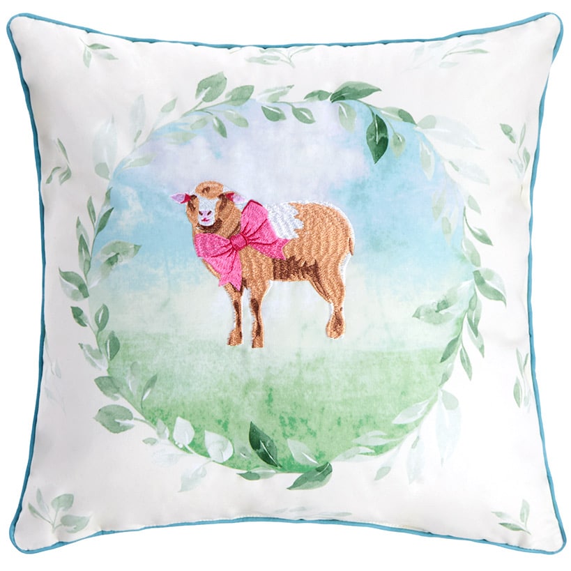 Spring Embroidered Decorative Pillow with Lamb