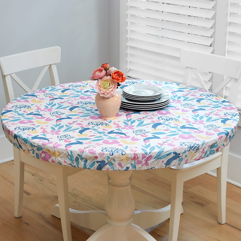 Easter Vinyl Round Easy Fit Elastic Stretch Tablecloth