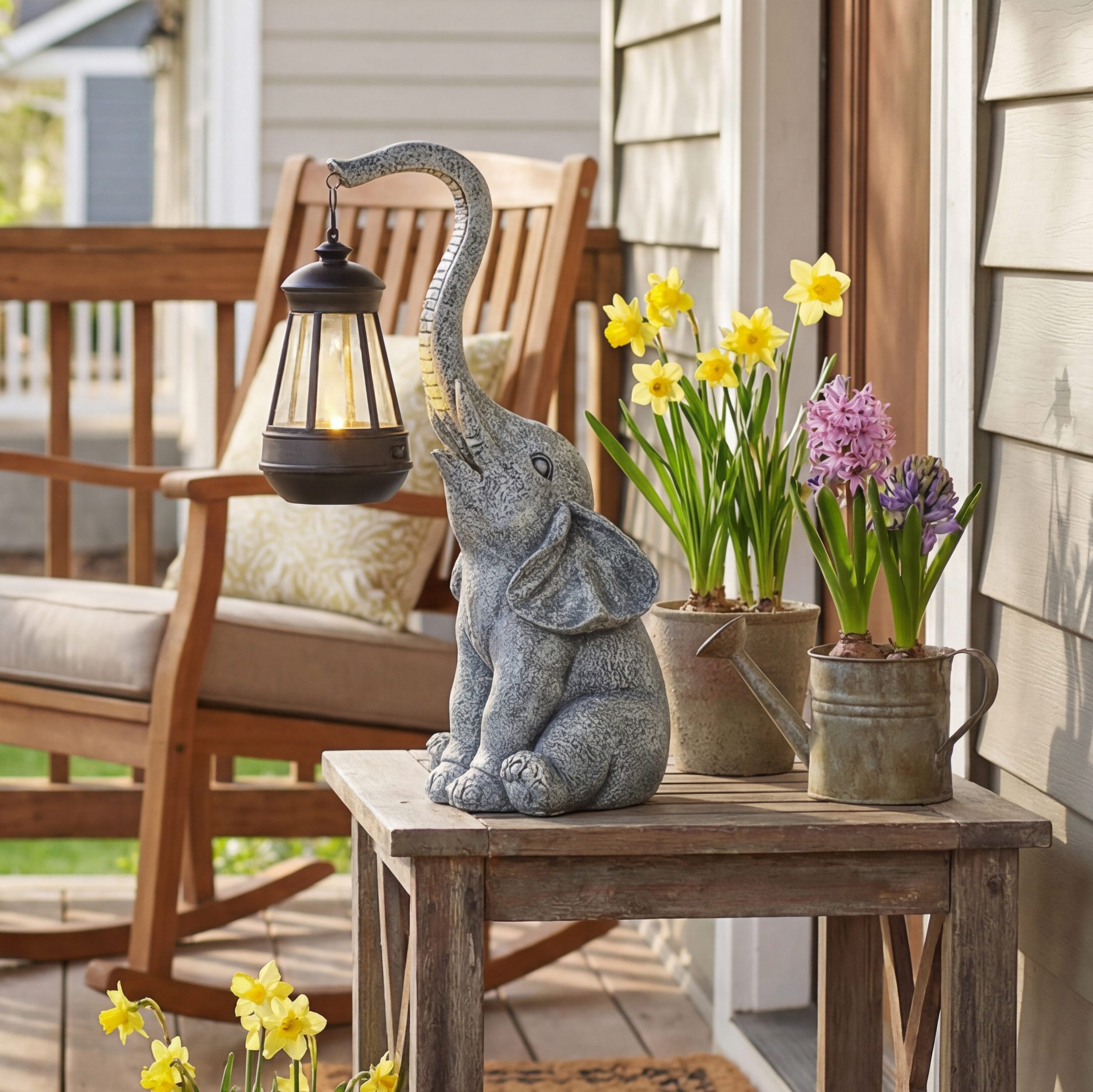 Elephant Garden Statue Decoration Solar Lighted With Lantern